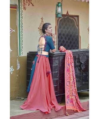 Blue embroidered cotton unstitched lehenga choli 3