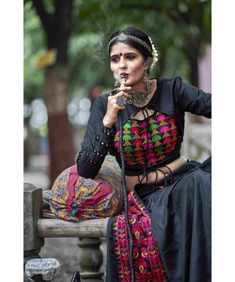 Black embroidered cotton unstitched lehenga choli 2