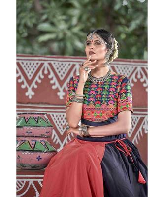 Orange embroidered cotton unstitched lehenga choli 2