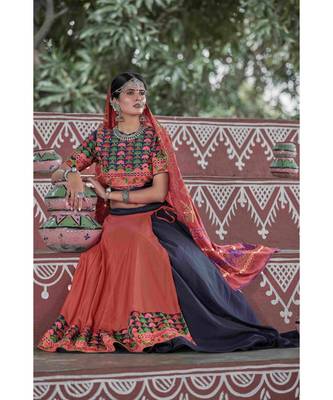 Orange embroidered cotton unstitched lehenga choli 4