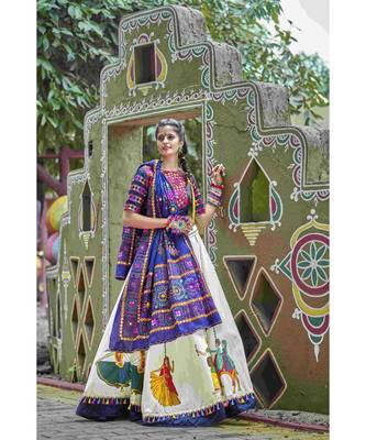 Blue embroidered cotton unstitched lehenga choli 1