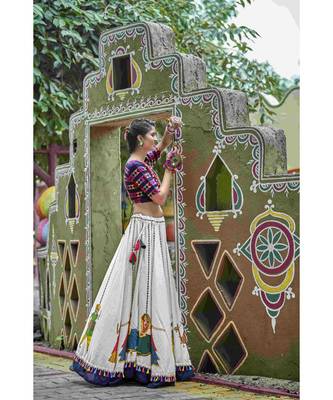 Blue embroidered cotton unstitched lehenga choli 4