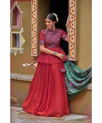 Maroon embroidered cotton unstitched lehenga choli 1