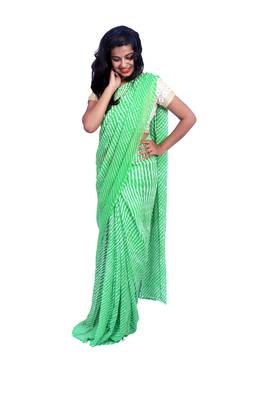 Parrot green printed georgette saree with blouse 1