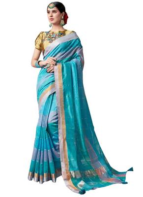Blue Plain Art Silk Saree With Blouse 1