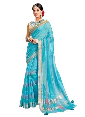 Blue Plain Art Silk Saree With Blouse 1