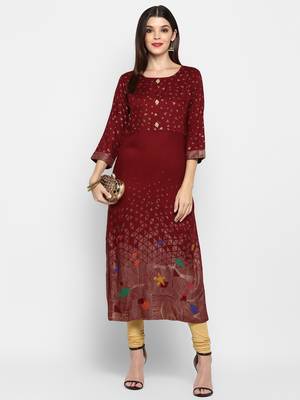 Dark-maroon printed rayon ethnic-kurtis 1