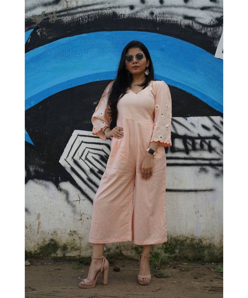 Peach Floral Scalloped Sleeves Jumpsuit 