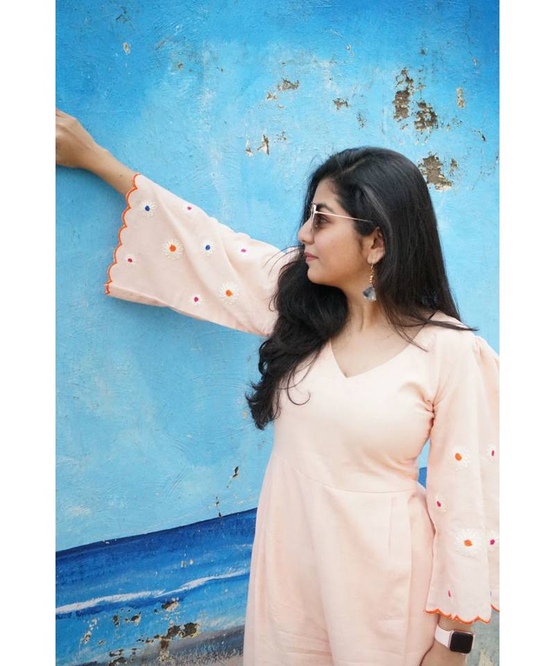 Peach Floral Scalloped Sleeves Jumpsuit 