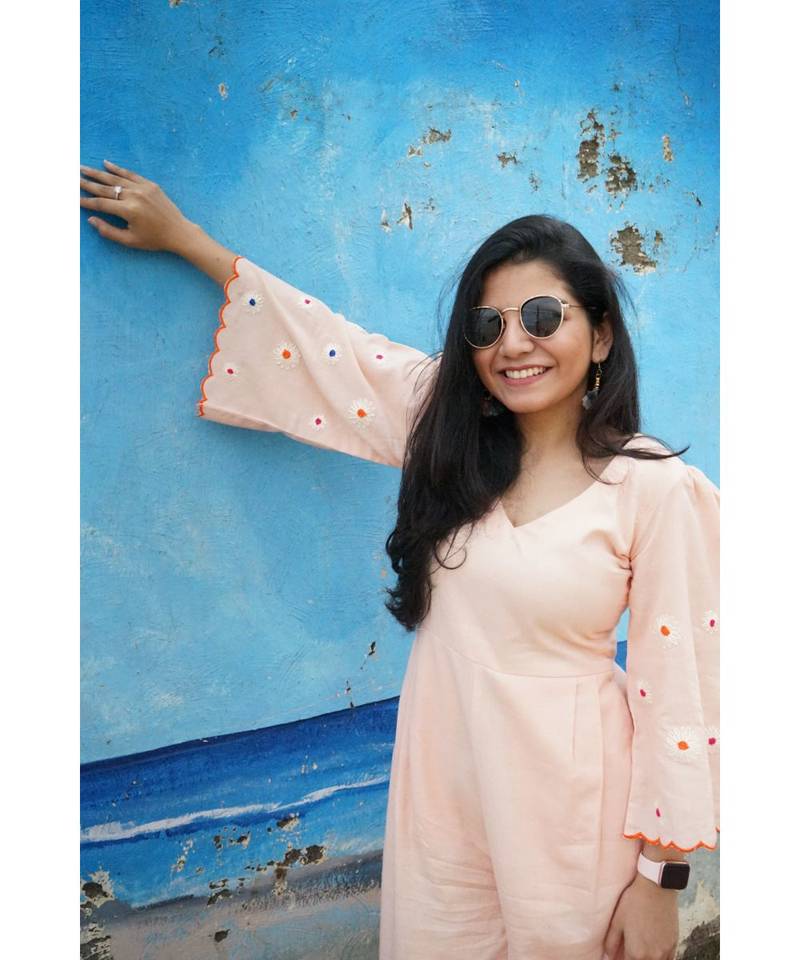 Peach Floral Scalloped Sleeves Jumpsuit 