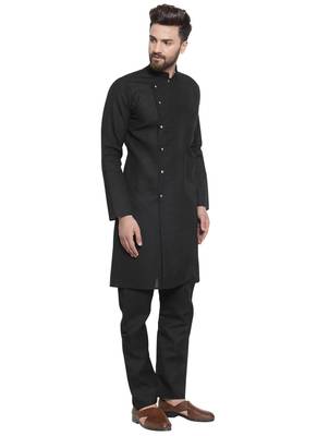 Black Plain Linen Kurta Pajama 3