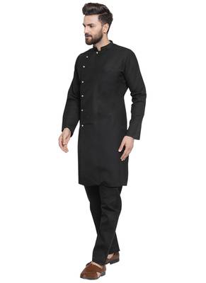 Black Plain Linen Kurta Pajama 5