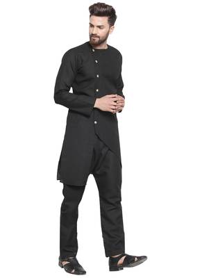 Black Plain Linen Kurta Pajama 3