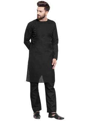 Black Plain Linen Kurta Pajama 1