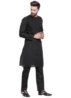 Black Plain Linen Kurta Pajama 3