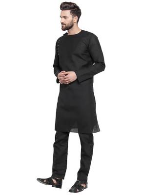 Black Plain Linen Kurta Pajama 5
