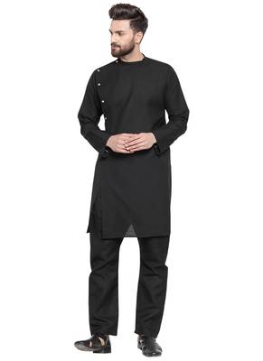 Black Plain Linen Kurta Pajama 1