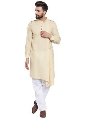 Beige Plain Linen Kurta Pajama 1