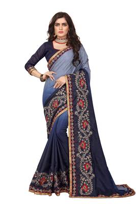 Blue Embroidered Silk Saree With Blouse 1