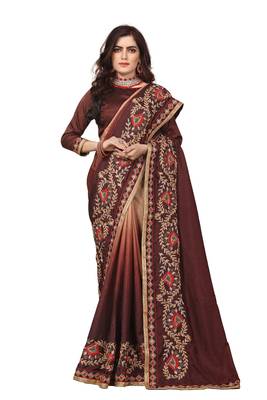 Brown Embroidered Silk Saree With Blouse 1