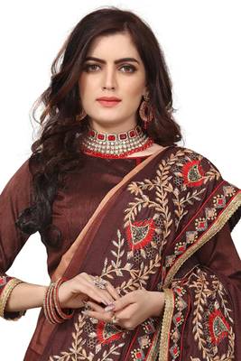 Brown Embroidered Silk Saree With Blouse 3