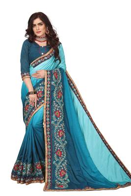 Blue Embroidered Silk Saree With Blouse 1