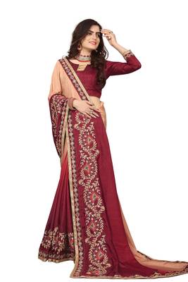 Maroon Embroidered Silk Saree With Blouse 2