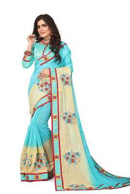 Sky Blue Embroidered Cotton Silk Saree With Blouse 1