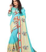 Sky Blue Embroidered Cotton Silk Saree With Blouse