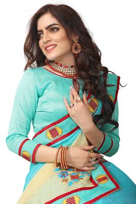 Sky Blue Embroidered Cotton Silk Saree With Blouse 3