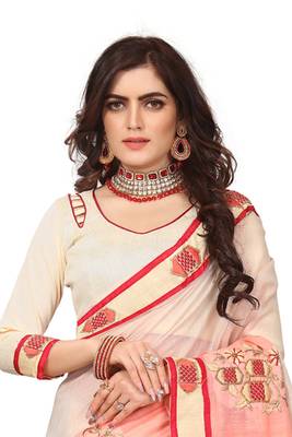Cream Embroidered Cotton Silk Saree With Blouse 3