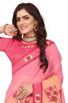 Pink Embroidered Cotton Silk Saree With Blouse 3