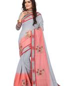 Grey Embroidered Cotton Silk Saree With Blouse