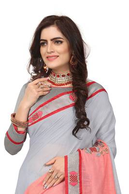 Grey Embroidered Cotton Silk Saree With Blouse 3