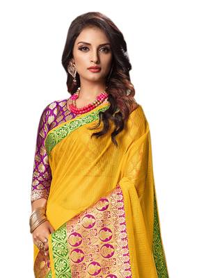 Yellow woven cotton silk saree with blouse 3