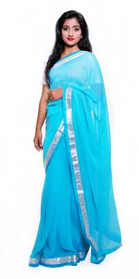 Turquoise plain georgette saree with blouse 1