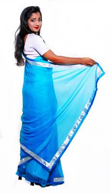 Turquoise plain georgette saree with blouse 2