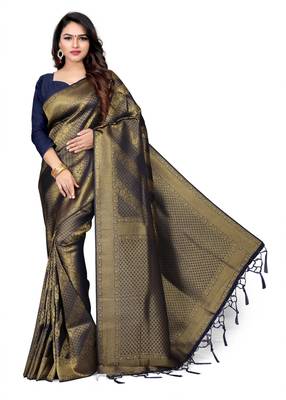 Navy blue woven art silk saree with blouse 1