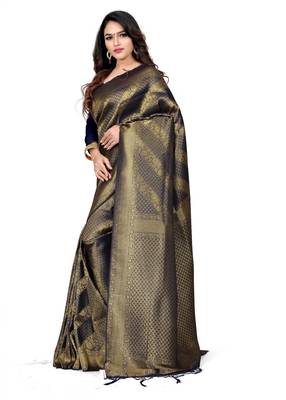 Navy blue woven art silk saree with blouse 2