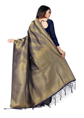 Navy blue woven art silk saree with blouse 3