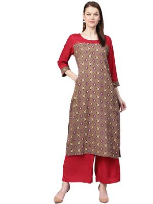 Brown printed cotton kurta with palazzo 1