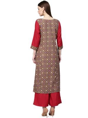 Brown printed cotton kurta with palazzo 2