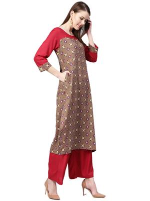 Brown printed cotton kurta with palazzo 3