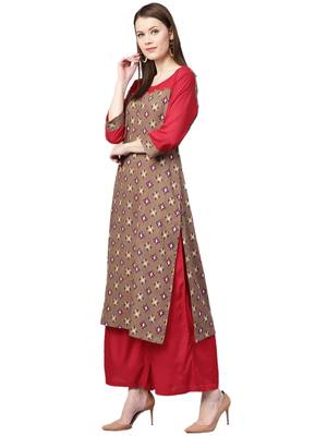 Brown printed cotton kurta with palazzo 4