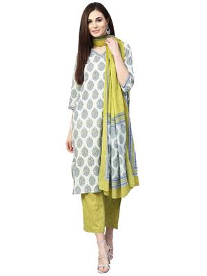Off-white printed cotton kurta with palazzo and  dupatta 1
