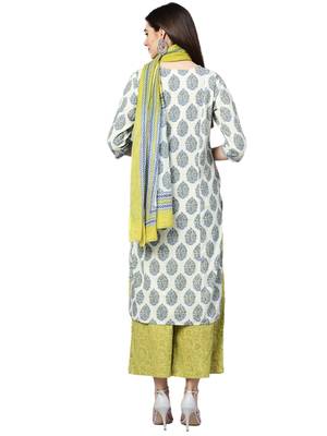 Off-white printed cotton kurta with palazzo and  dupatta 2