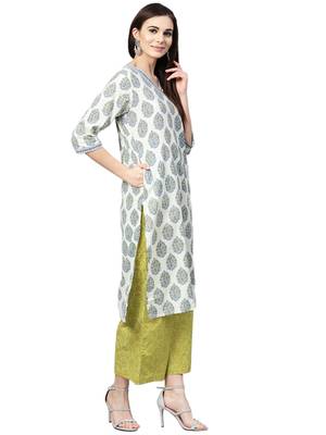 Off-white printed cotton kurta with palazzo and  dupatta 3