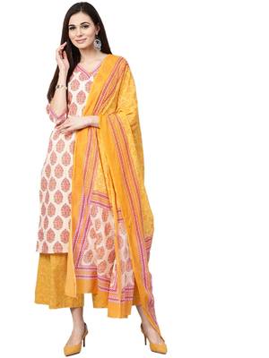 Off-white printed cotton kurta with palazzo and dupatta 1