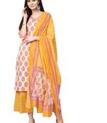 Off-white printed cotton kurta with palazzo and dupatta