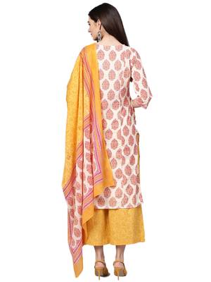 Off-white printed cotton kurta with palazzo and dupatta 2